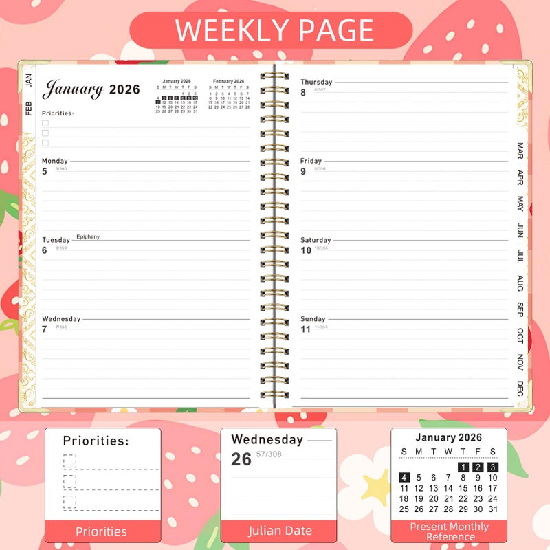 Knagsfa 2026 Planner, Jan.2026 - Dec.2026 Planner Weekly and Monthly 6.25"x8.5" with with Page Tabs, Calendar Hardcover with Inner Pocket, Elastic Band, Twin-Wire Binding, Bookmark, Strawberry Flower - Image 4