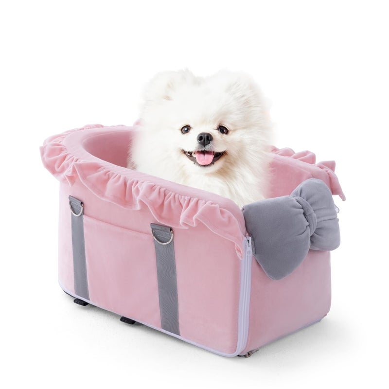 Jaoul Dog Car Seat for Small Dogs Fully Detachable with Adjustable Straps Center Console Dog Car Seat Comfortable Bow Design Pet Seats Portable Pet Booster for Puppy Cat Pink Gray - Image 2
