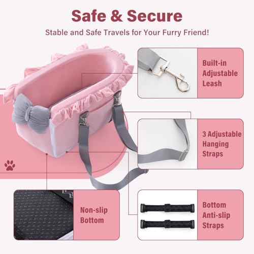 Jaoul Dog Car Seat for Small Dogs Fully Detachable with Adjustable Straps Center Console Dog Car Seat Comfortable Bow Design Pet Seats Portable Pet Booster for Puppy Cat Pink Gray - Image 3
