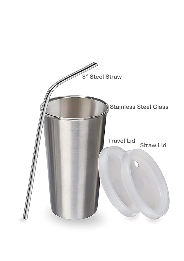 PARABRAHMA Stainless Steel Glass with Straw Plus Extra Travel Lid 1 Piece Silver 370 ml - Image 2