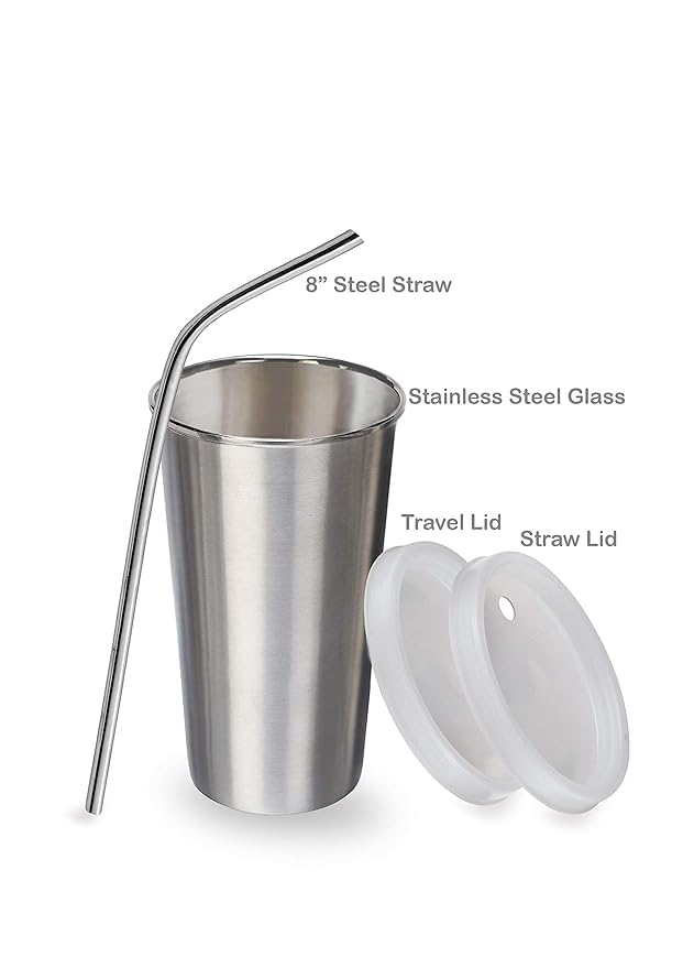 PARABRAHMA Stainless Steel Glass with Straw Plus Extra Travel Lid 1 Piece Silver 370 ml - Image 5