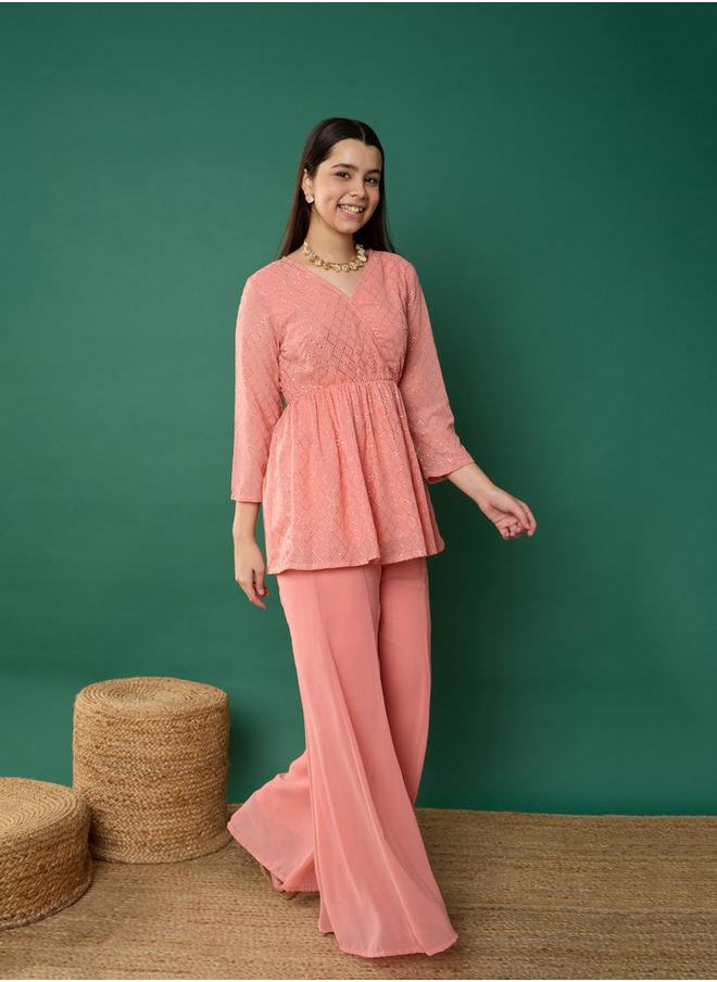 NOH.VOH Embellished Wrap Look Peplum Top and Palazzo Pants Set by Styli  - Image 2