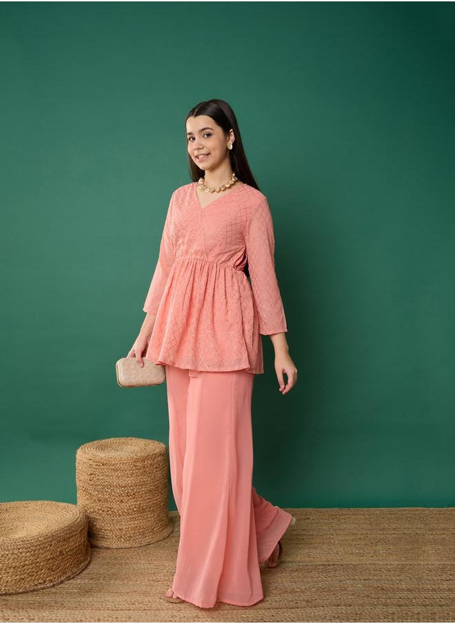 NOH.VOH Embellished Wrap Look Peplum Top and Palazzo Pants Set by Styli  - Image 3