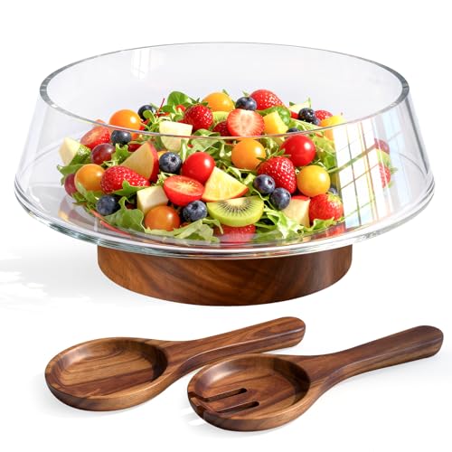Airsent Extra Large Glass Salad Bowl Set, 5-Qt (160 fl oz) Mixing/Serving Bowl with Wood Base & Salad Servers, Trifle Bowl for Kitchen, Parties & Christmas - Image 1
