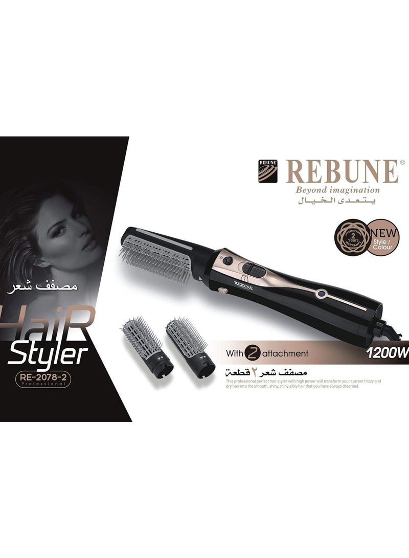 REBUNE 1200W Hair Dryer Brush Hot Air Styler 3 In 1 Electric Hair Styler Brush With 2 Attachment Black/Gold - Image 2
