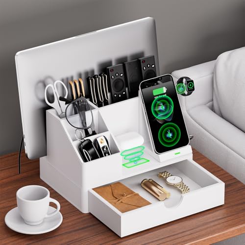 LADSTAG Sleek White PU Leather Charging Station with Drawer - 6-in-1 Multi-Device Desktop Organizer Docking Hub for iPad, Tablet, Laptop, Phone, Watch, Office Home Gift Idea - Image 3