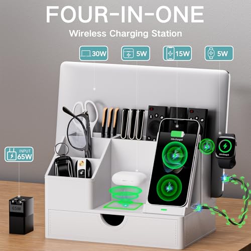 LADSTAG Sleek White PU Leather Charging Station with Drawer - 6-in-1 Multi-Device Desktop Organizer Docking Hub for iPad, Tablet, Laptop, Phone, Watch, Office Home Gift Idea - Image 2