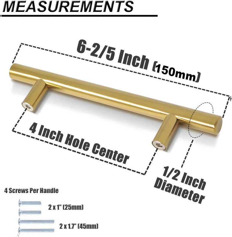 Golden Euro Bar Pulls: Hole Centers 160mm, Overall Length 224mm, Stainless Steel Construction - Easy 2-Step Installation, Sturdy Durable Build, Includes Dual-Length Screws for Kitchen Bathroom Bedroom - Image 3