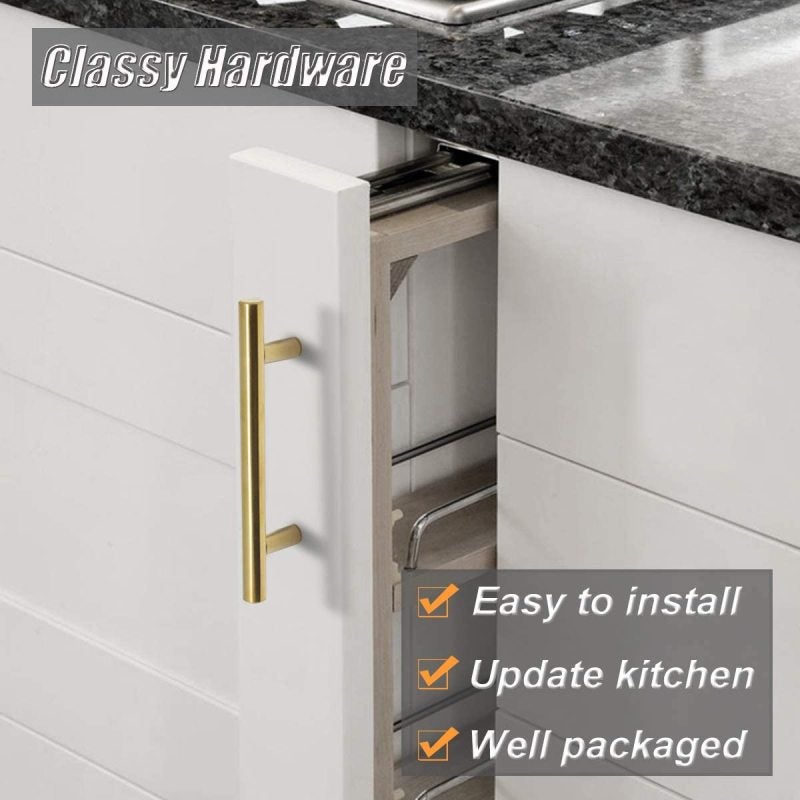 Golden Euro Bar Pulls: Hole Centers 160mm, Overall Length 224mm, Stainless Steel Construction - Easy 2-Step Installation, Sturdy Durable Build, Includes Dual-Length Screws for Kitchen Bathroom Bedroom - Image 5