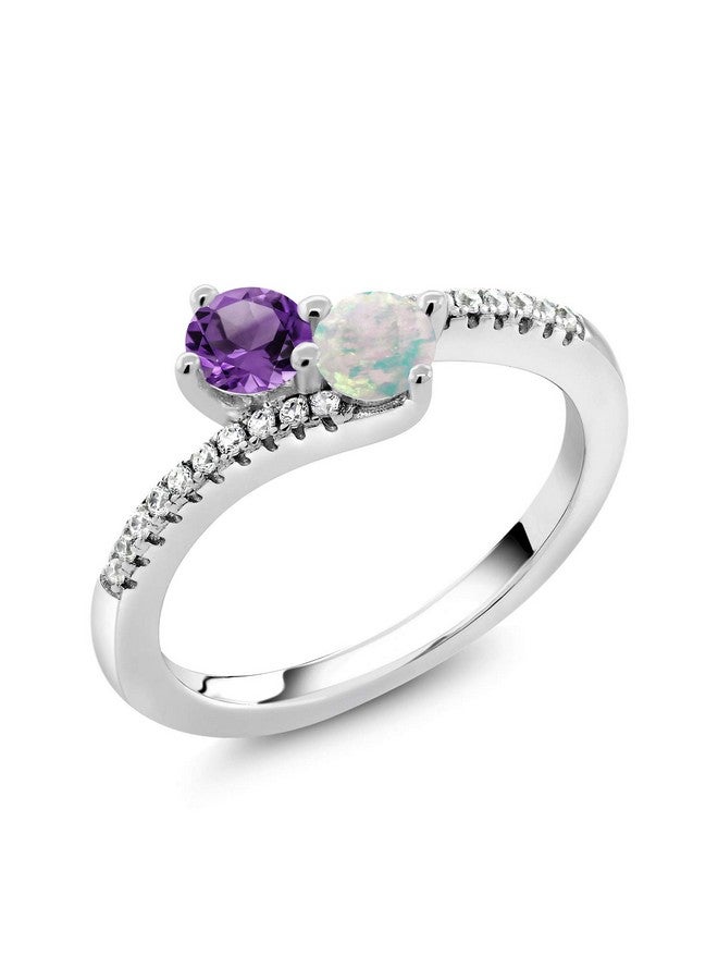 GEM STONE KING 925 Sterling Silver Purple Amethyst And White Opal Bypass Ring For Women (0.74 Cttw Gemstone February Birthstone Round 4Mm Available In Size 5 6 7 8 9) - Image 2