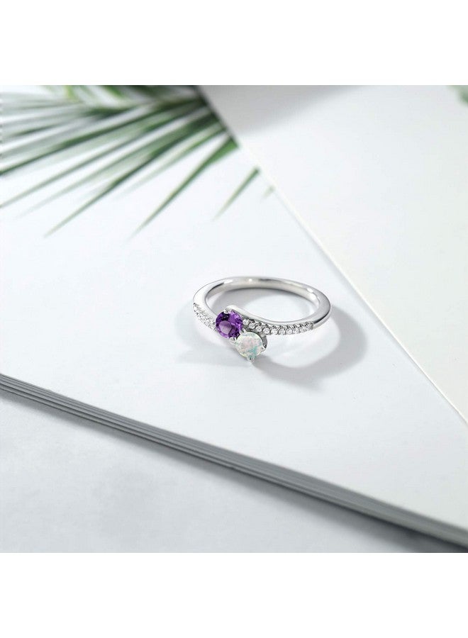 GEM STONE KING 925 Sterling Silver Purple Amethyst And White Opal Bypass Ring For Women (0.74 Cttw Gemstone February Birthstone Round 4Mm Available In Size 5 6 7 8 9) - Image 3