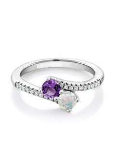 GEM STONE KING 925 Sterling Silver Purple Amethyst And White Opal Bypass Ring For Women (0.74 Cttw Gemstone February Birthstone Round 4Mm Available In Size 5 6 7 8 9)  - Image 1