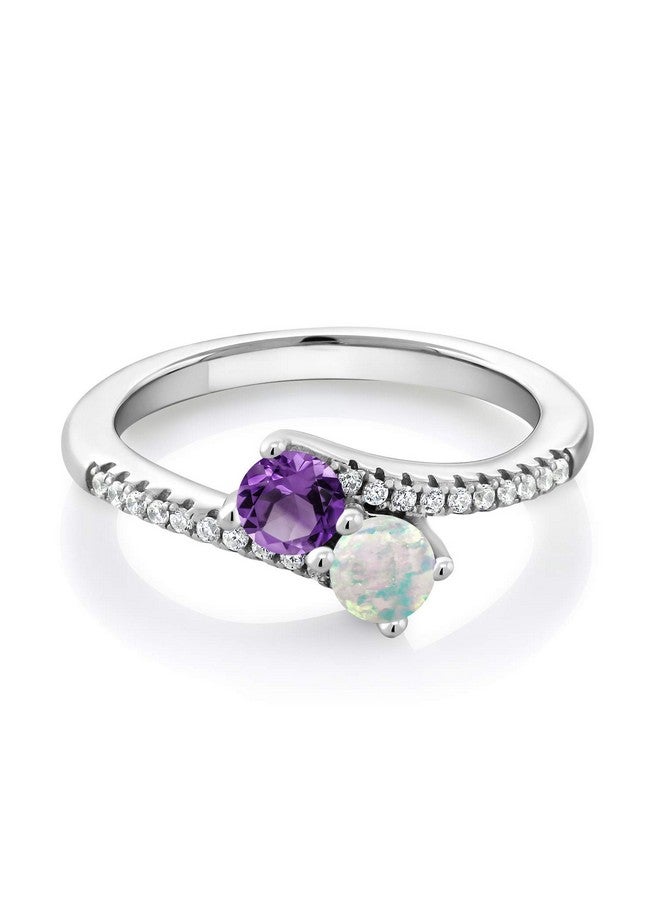 GEM STONE KING 925 Sterling Silver Purple Amethyst And White Opal Bypass Ring For Women (0.74 Cttw Gemstone February Birthstone Round 4Mm Available In Size 5 6 7 8 9) - Image 1
