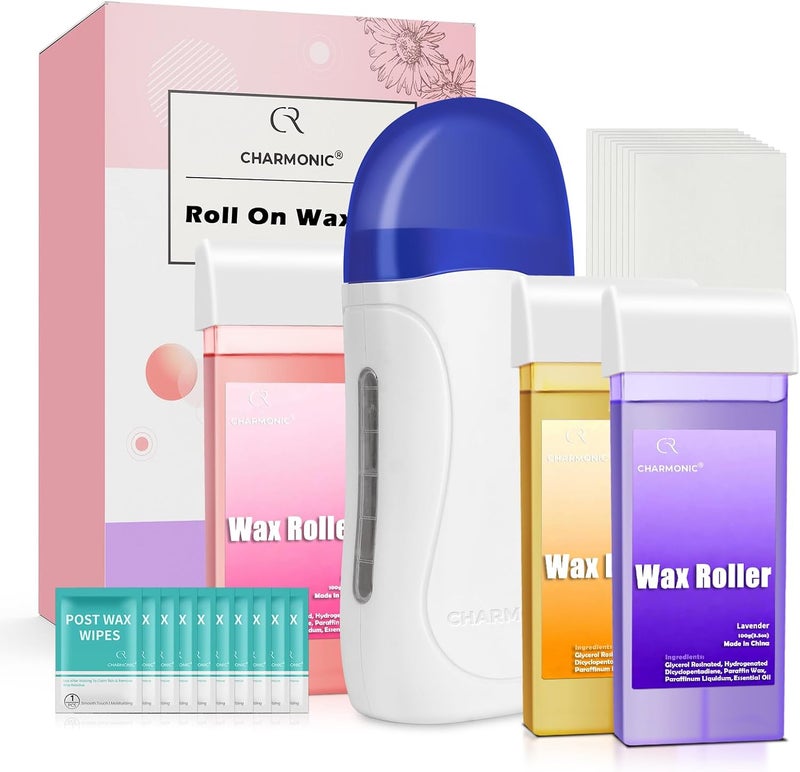 Charmonic Roll On Wax Kit, Portable Wax Roller Kit for Coarse/Fine Hair Removal, Beginners Waxing Roller for All Skin Types with 3 Pcs 100g Roll Cartridge, 100 Non-Woven Strips & 10 After Oil Wipes (F1_White) Market demand focused build - Image 1