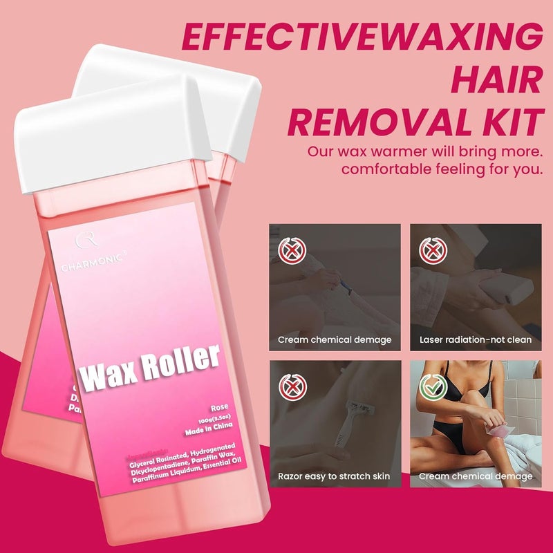 Charmonic Roll On Wax Kit, Portable Wax Roller Kit for Coarse/Fine Hair Removal, Beginners Waxing Roller for All Skin Types with 3 Pcs 100g Roll Cartridge, 100 Non-Woven Strips & 10 After Oil Wipes (F1_White) Market demand focused build - Image 5
