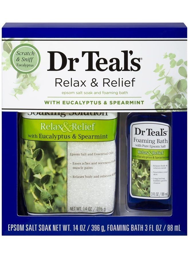 Dr Teal's Eucalyptus Epsom Salt & Foaming Bath Oil Sampler Gift Set - Give The Gift of Rejuvenation & Self Care! - 14 oz Bag of Eucalyptus Bath Salts & 3 oz Bottle of Eucalyptus Foaming Bath Oil - Image 1
