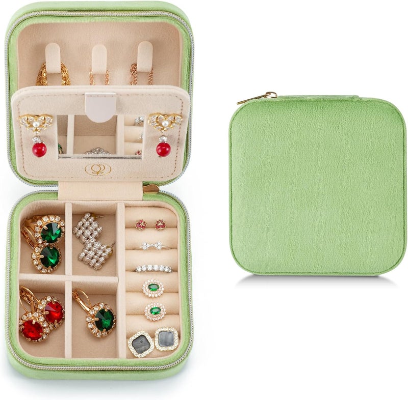ZPROW Plush Velvet Travel Jewelry Case, Travel Jewelry Organizer, Jewelry Travel Case, Travel Jewelry Box, Small Jewelry Case, Jewelry Travel Box, Earring Organizer with Mirror - LightGreen - Image 1