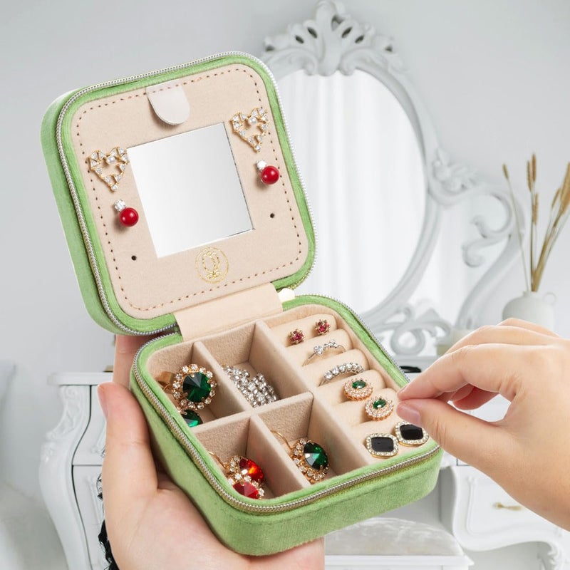 ZPROW Plush Velvet Travel Jewelry Case, Travel Jewelry Organizer, Jewelry Travel Case, Travel Jewelry Box, Small Jewelry Case, Jewelry Travel Box, Earring Organizer with Mirror - LightGreen - Image 2