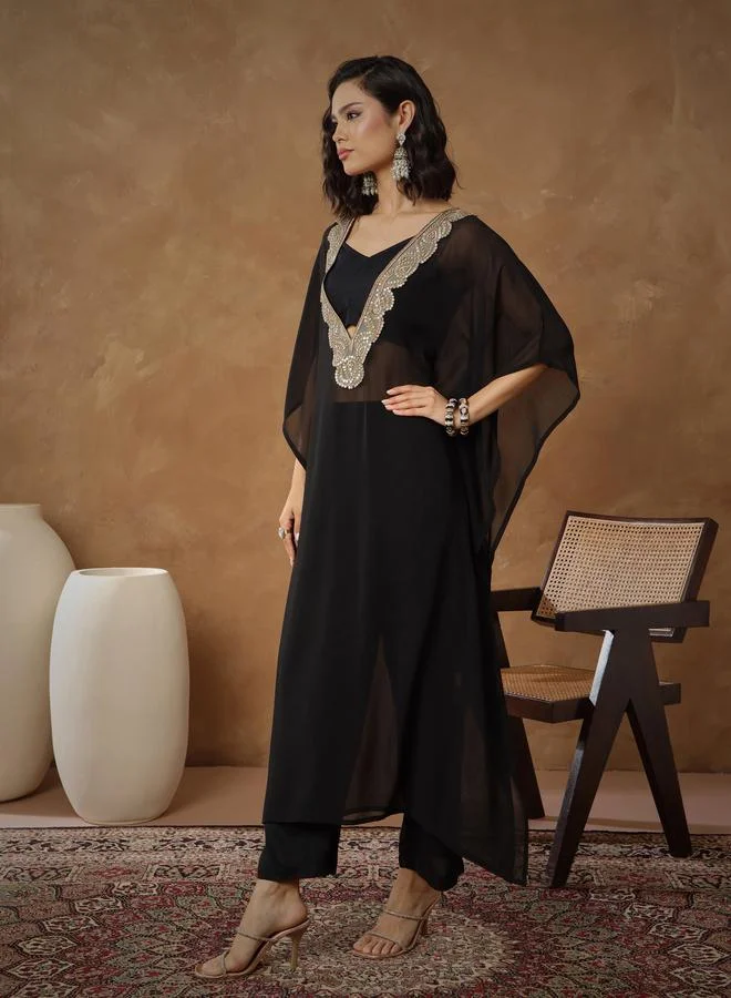 Sassafras  Black Embroidered Kaftan, Cami and Straight Pants Set for Women | Best Price UAE