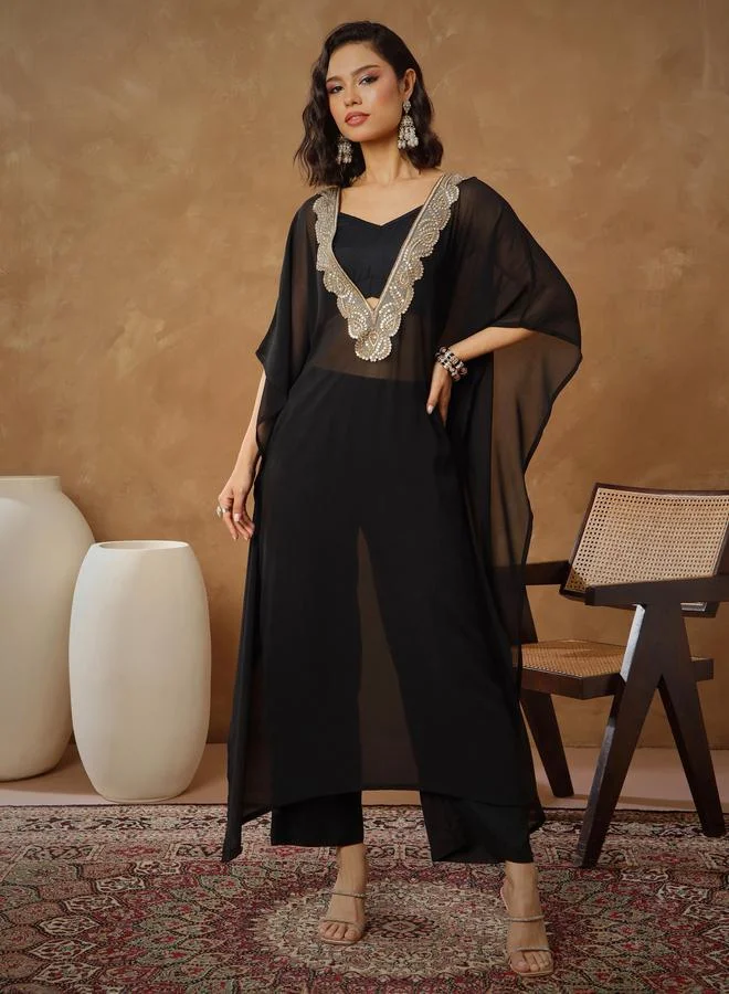 Sassafras Black Embroidered Kaftan, Cami and Straight Pants Set