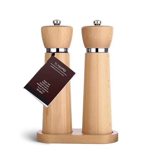 TLYSXPRO Wooden Salt and Pepper Grinder Set – Refillable Salt and Pepper Mill with Adjustable Upgraded Large Size Ceramic Burr – Manual Pepper Grinder with Beech Wood Body – 8.3” Tall - Image 1