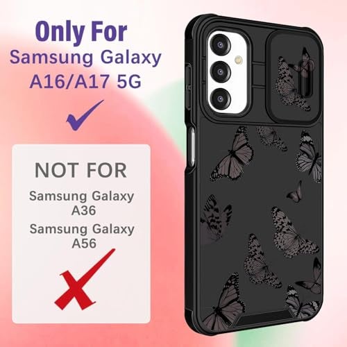 Funermei for Samsung Galaxy A16/A17 5G Phone Case - Women Girls Cute Phone Cover Girly Pretty Aesthetic Black Butterfly Unique Design with Camera Cover Ring Stand Funda for Galaxy A16/A17 5G Case - Image 2
