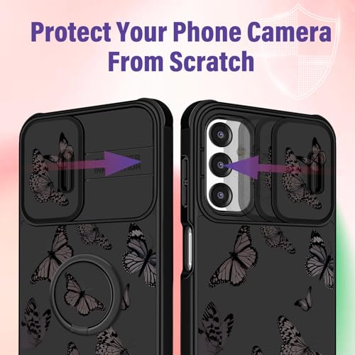 Funermei for Samsung Galaxy A16/A17 5G Phone Case - Women Girls Cute Phone Cover Girly Pretty Aesthetic Black Butterfly Unique Design with Camera Cover Ring Stand Funda for Galaxy A16/A17 5G Case - Image 4