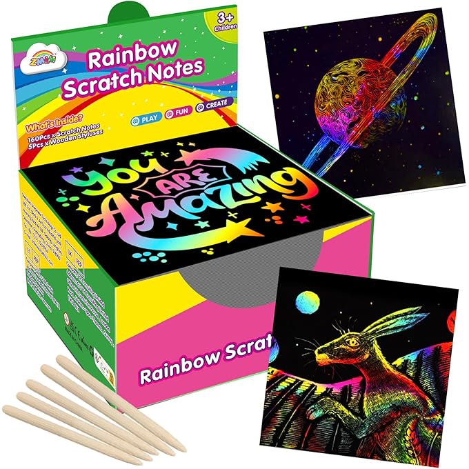 Rainbow Scratch Mini Art - 125 Magic Scratch Note Pads Cards Sheets for Kids Black Scratch Art Crafts DIY Party Favor Supplies Kit Birthday Game Toy Gifts Box for Girls Boys