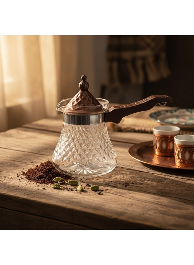 AKDC Diamond Cut Crystal Glass Coffee Pot 550ml | Turkish Dallah | Brown Handle & Ornamental Lid - Image 5