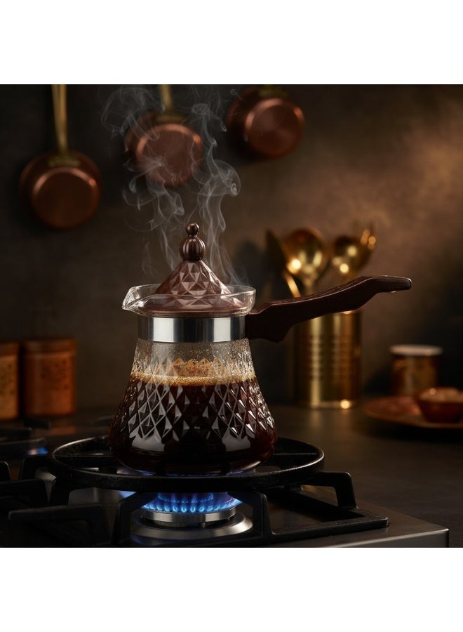 AKDC Diamond Cut Crystal Glass Coffee Pot 550ml | Turkish Dallah | Brown Handle & Ornamental Lid - Image 4