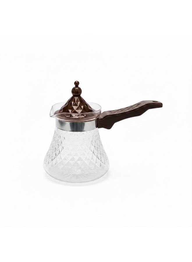 AKDC Diamond Cut Crystal Glass Coffee Pot 550ml | Turkish Dallah | Brown Handle & Ornamental Lid - Image 1