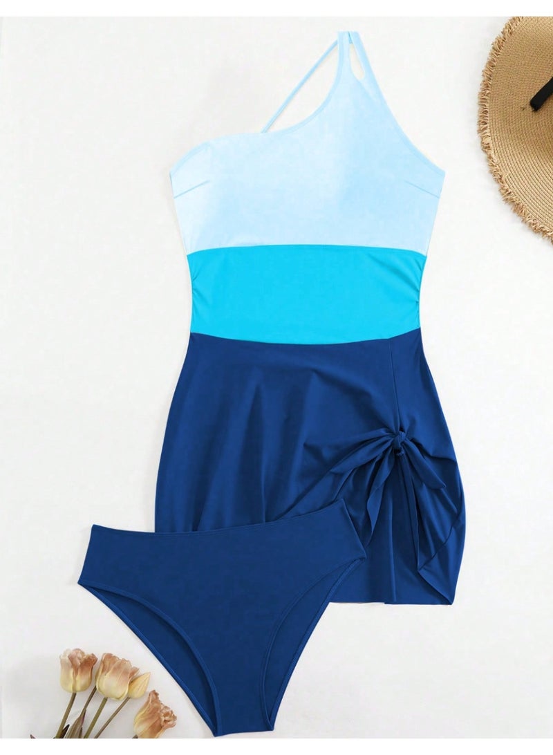 Shein Swim 2-Piece Women Solid & Contrast Color One Shoulder Swimwear, Figure Flattering For Summer Beach Vacation - Image 4