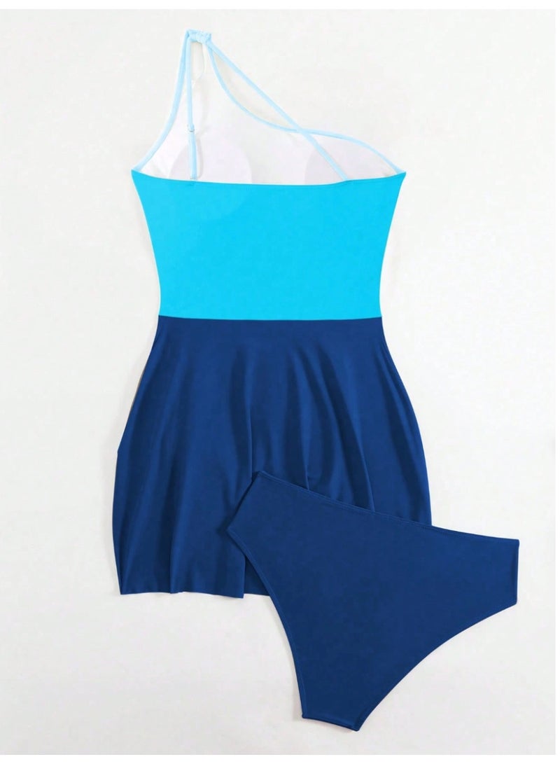 Shein Swim 2-Piece Women Solid & Contrast Color One Shoulder Swimwear, Figure Flattering For Summer Beach Vacation - Image 5