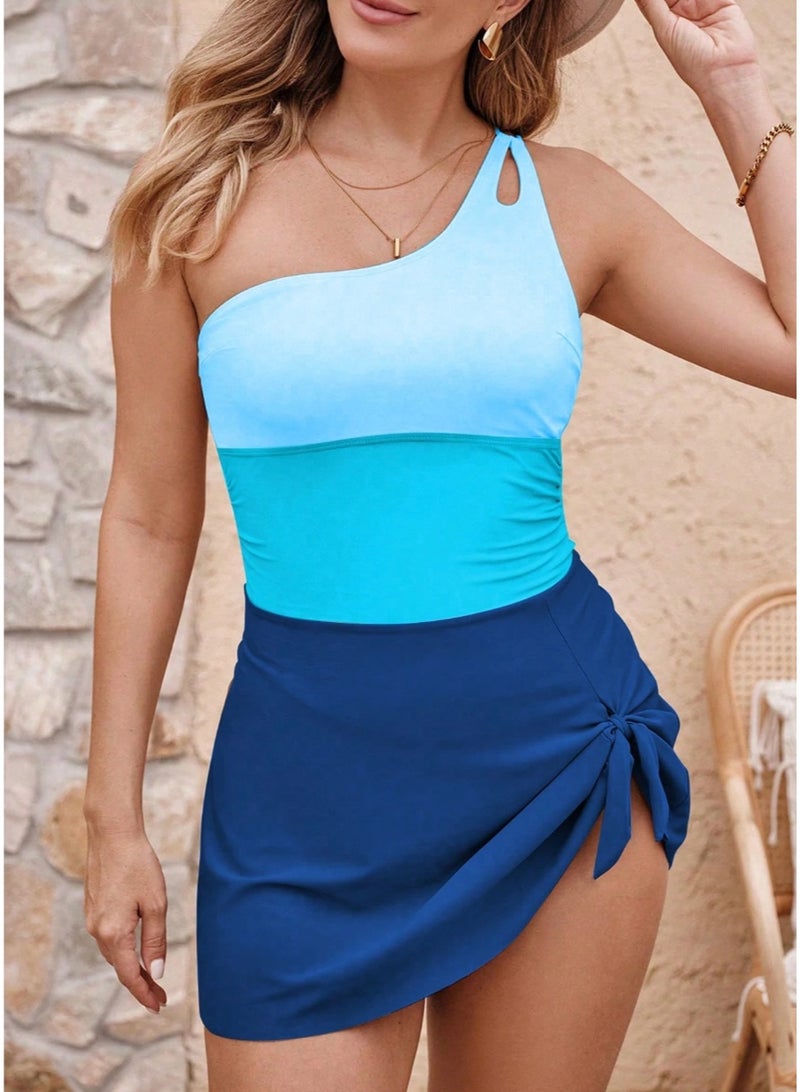 Shein Swim 2-Piece Women Solid & Contrast Color One Shoulder Swimwear, Figure Flattering For Summer Beach Vacation - Image 1