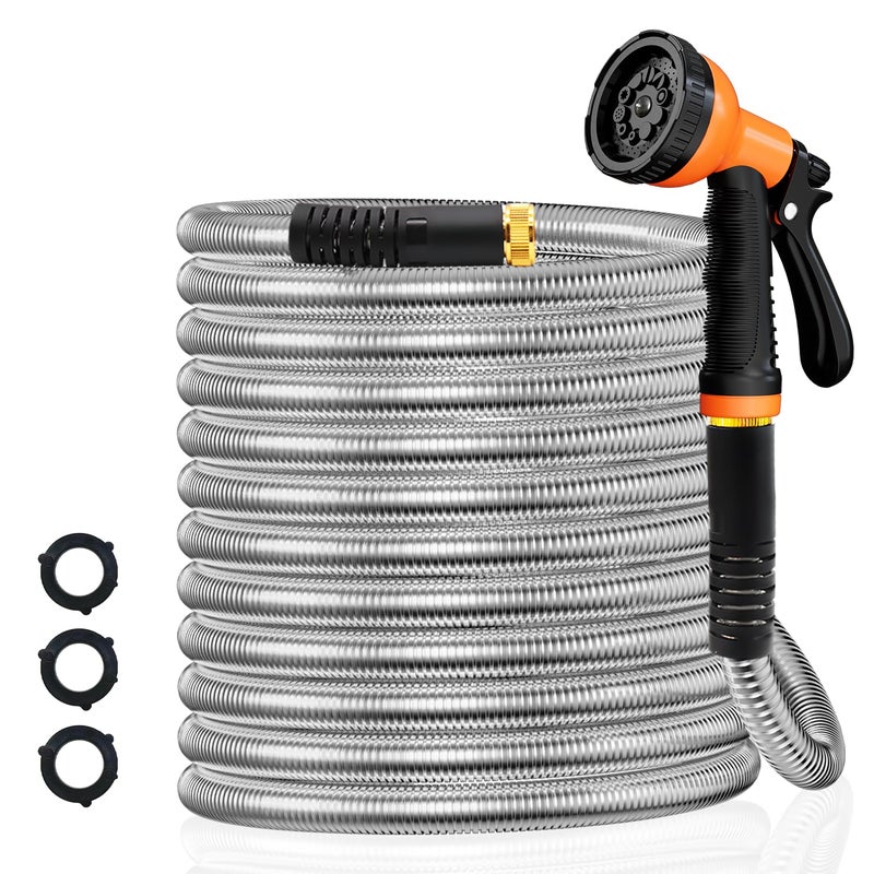 Besiter Garden Hose 50FT Stainless Steel Water Hose with 10 Functions Adjustable Spray Nozzle HeavyDuty Metal Garden Hose Flexible Durable NoTangle Kink Leak Dog Proof Hose for Yard LawnOrange