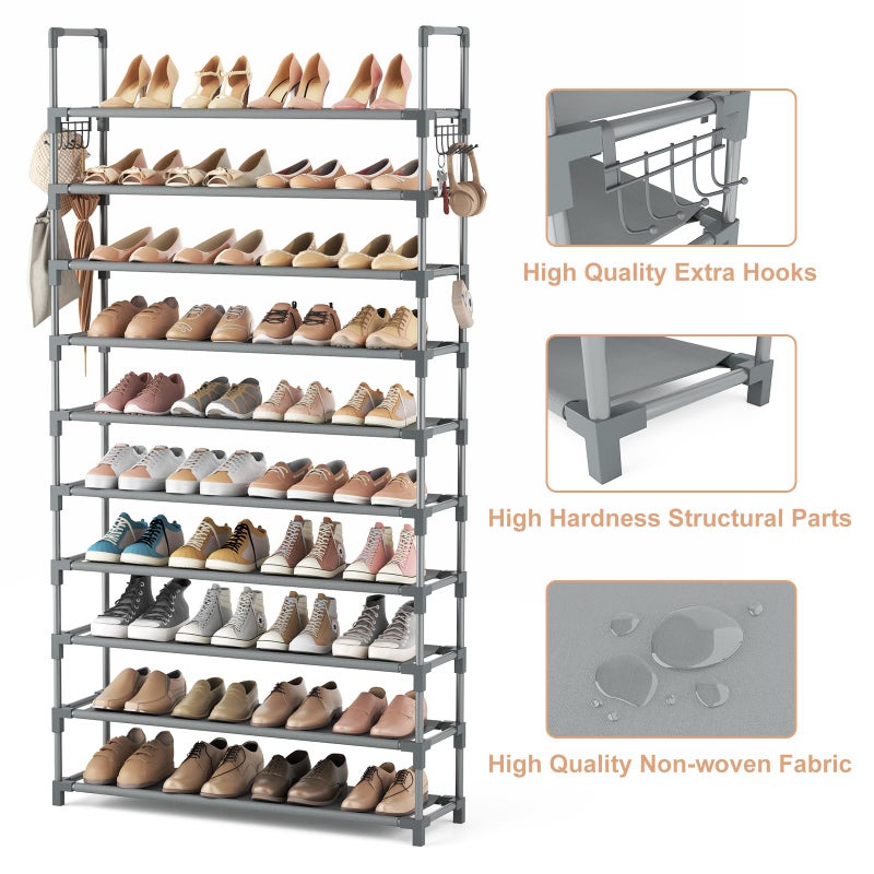 VTRIN 10 Tiers Shoe Rack Tall Large Capacity Wide Shoe Organizer Sturdy Shoe Shelf for Entryway with Two Hooks Metal Shoe Storage for Closet, Bedroom, Grey - Image 4