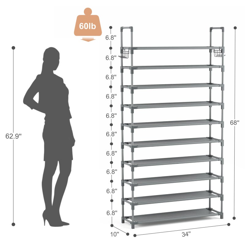 VTRIN 10 Tiers Shoe Rack Tall Large Capacity Wide Shoe Organizer Sturdy Shoe Shelf for Entryway with Two Hooks Metal Shoe Storage for Closet, Bedroom, Grey - Image 3