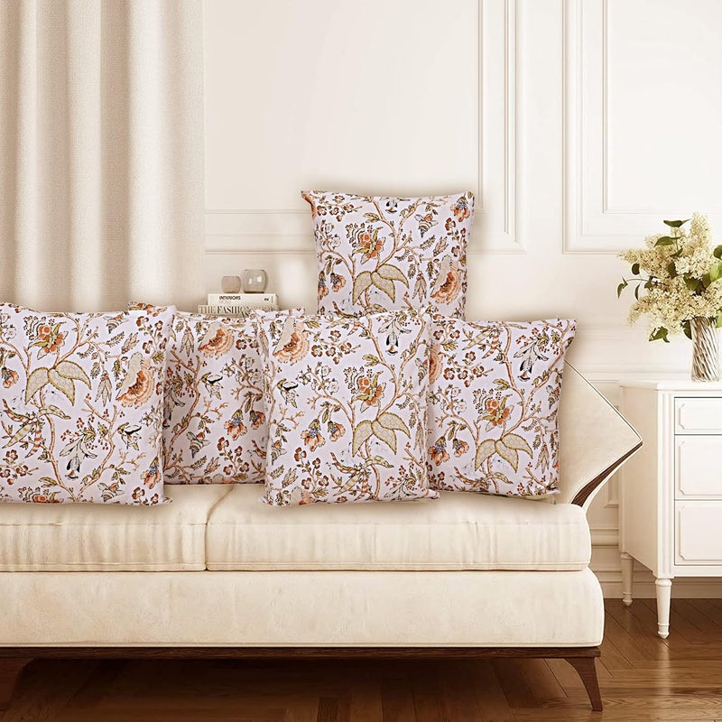 Texstylers Pure Cotton 16x16 Inches Set of 5 Assorted Reversible Jaipuri Floral Cushion Cover Orange Floral