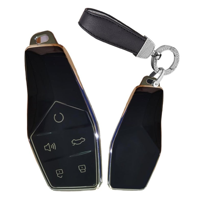 TECART Soft TPU Key Fob Cover for MG ONE 2022 Accessories with Keychain 5 Button Car Key Case Cover Protector Key Cover Black