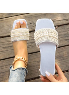 Tweed Style Flat Bottom Slippers Womens Square Head Rhinestone Colorful Pearl One-row Flat Bottom Sandals Silver