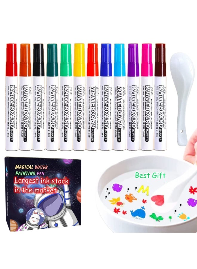 Upgraded- Larger Ink Stock, 12 Colors Magical Water Painting Pen for Kids,Water Painting Drawing Set, Magical Floating Ink Pens, Dry Erase Whiteboard Marker with Ceramic Spoon - Image 1