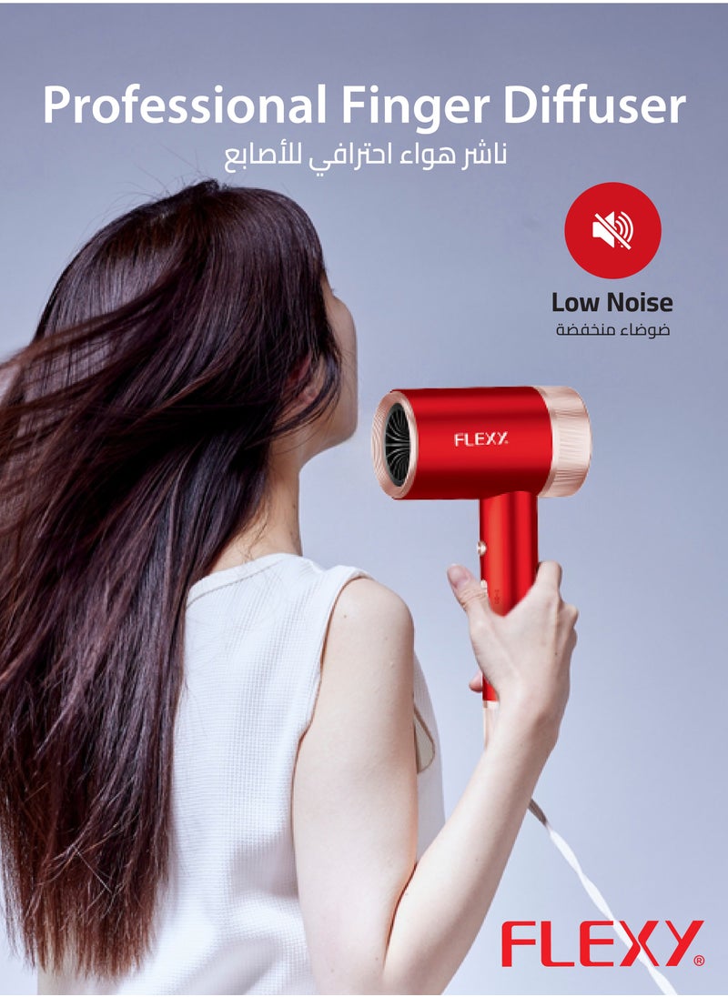 فليكسي مجفف شعر FLEXY FASHION بقوة 2000 واط - تجفيف سريع، ضوضاء منخفضة، 3 إعدادات لدرجة الحرارة و2 إعدادات للسرعة، ساخن/بارد، طلقة باردة، موزع احترافي، فوهات تصفيف، 220-240 فولت.  - Image 3