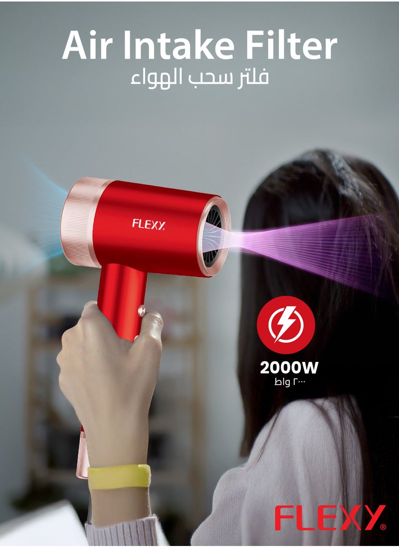فليكسي مجفف شعر FLEXY FASHION بقوة 2000 واط - تجفيف سريع، ضوضاء منخفضة، 3 إعدادات لدرجة الحرارة و2 إعدادات للسرعة، ساخن/بارد، طلقة باردة، موزع احترافي، فوهات تصفيف، 220-240 فولت.  - Image 4