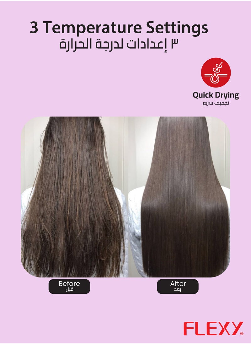 فليكسي مجفف شعر FLEXY FASHION بقوة 2000 واط - تجفيف سريع، ضوضاء منخفضة، 3 إعدادات لدرجة الحرارة و2 إعدادات للسرعة، ساخن/بارد، طلقة باردة، موزع احترافي، فوهات تصفيف، 220-240 فولت.  - Image 5