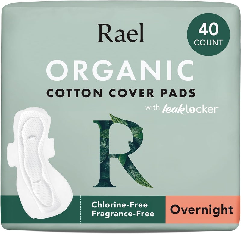 Rael Pads for Women, Organic Cotton Cover - Period Pads with Wings, Feminine Care, Sanitary Napkins, Heavy Absorbency, Unscented, Ultra Thin (Overnight, 40 Count) - Image 1