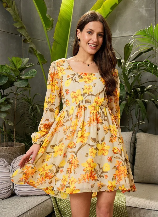 SASSAFRAS Floral Print Georgette Fit & Flare Dress for Women