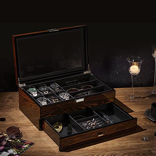 BEWISHOME High-End Watch Box, 6-Slot Watch Case and 3 Glasses Case, 2-Layer Wooden Mens Jewelry Box with Large Glass Lid, Watch Display Case for Men Watch Storage, PU Leather Interior, Brown - Image 5