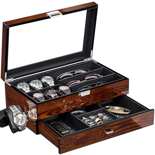 BEWISHOME High-End Watch Box, 6-Slot Watch Case and 3 Glasses Case, 2-Layer Wooden Mens Jewelry Box with Large Glass Lid, Watch Display Case for Men Watch Storage, PU Leather Interior, Brown - Image 1