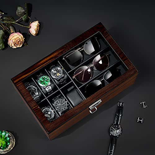 BEWISHOME High-End Watch Box, 6-Slot Watch Case and 3 Glasses Case, 2-Layer Wooden Mens Jewelry Box with Large Glass Lid, Watch Display Case for Men Watch Storage, PU Leather Interior, Brown - Image 2