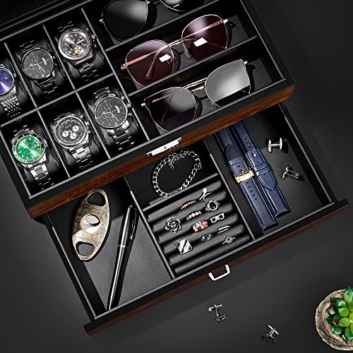 BEWISHOME High-End Watch Box, 6-Slot Watch Case and 3 Glasses Case, 2-Layer Wooden Mens Jewelry Box with Large Glass Lid, Watch Display Case for Men Watch Storage, PU Leather Interior, Brown - Image 3